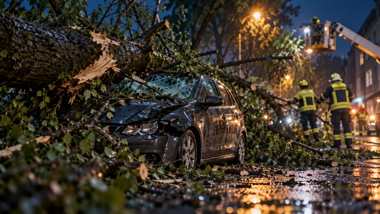 Omgewaaide boom beschadigt geparkeerde auto aan Postweg