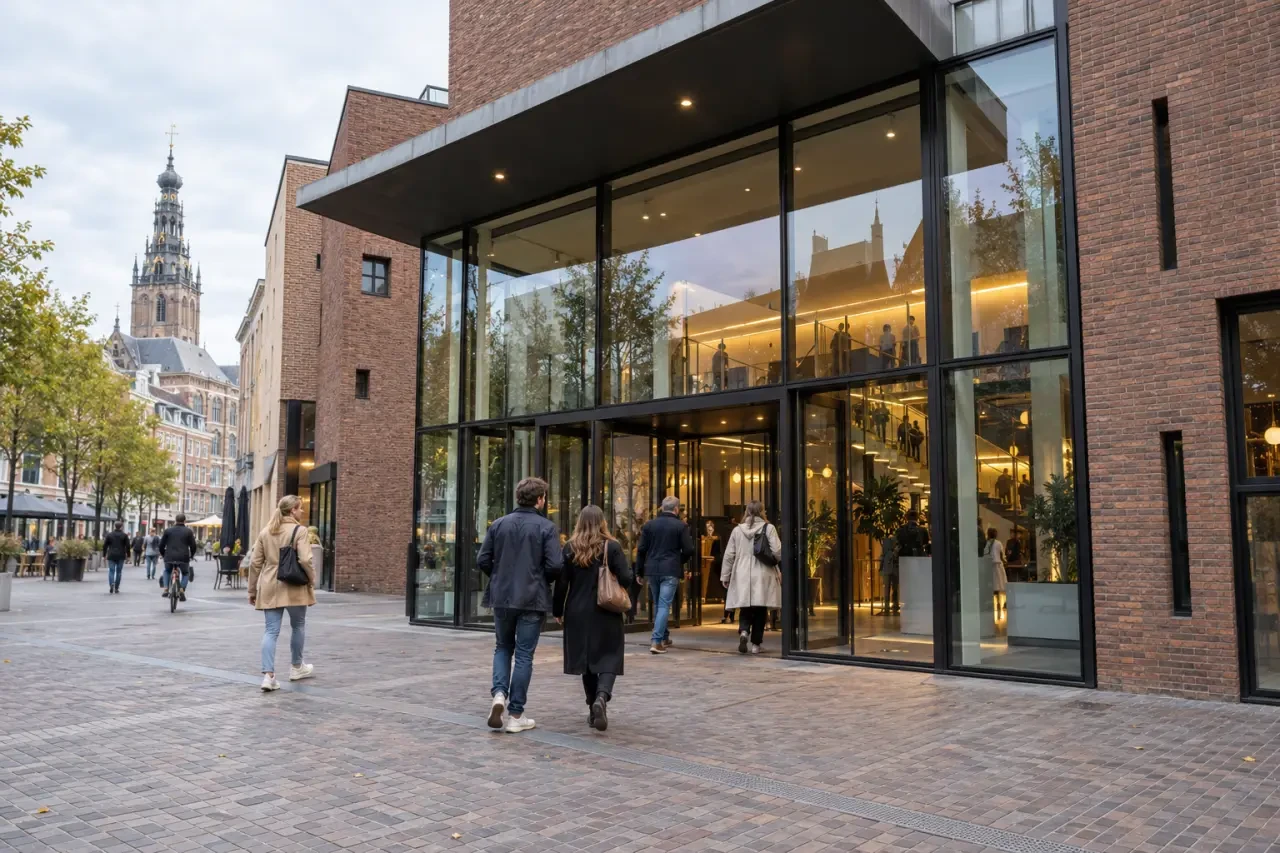 Filmagenda LUX Nijmegen bij de ingang van het filmhuis in Nijmegen