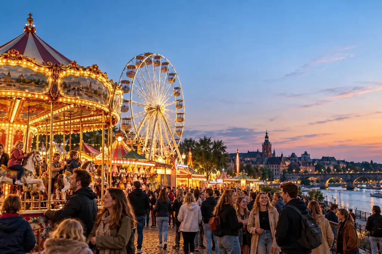 Sfeervolle kermis Nijmegen met attracties en bezoekers in de avond