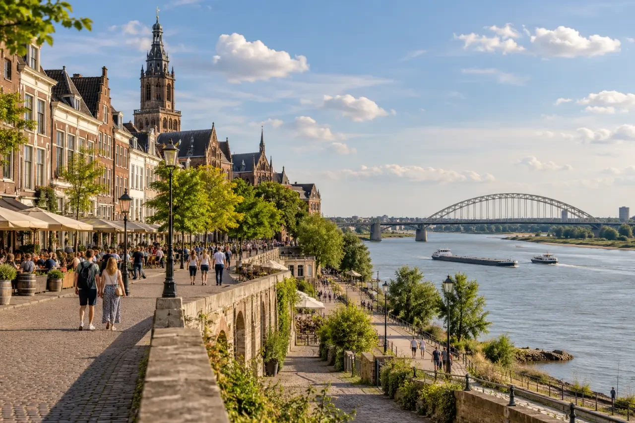 Wat te doen in Nijmegen: sfeerbeeld van de binnenstad en de Waal