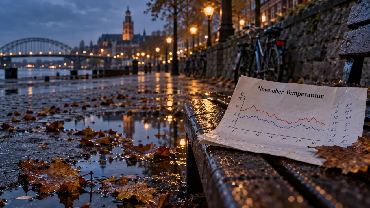 Temperatuur nijmegen in november, natte straat met bladeren en bokeh-lampjes