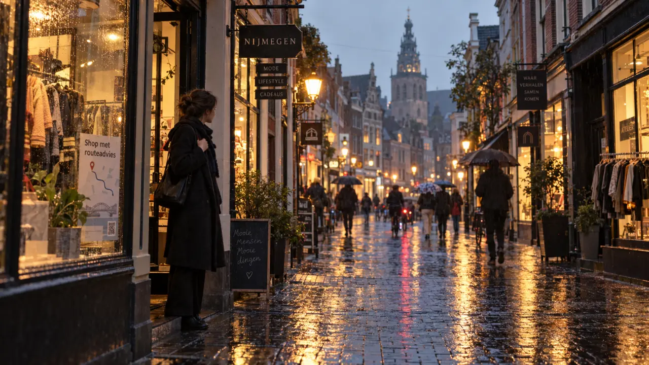 Winkels Nijmegen in de regen, historisch winkelstraatbeeld